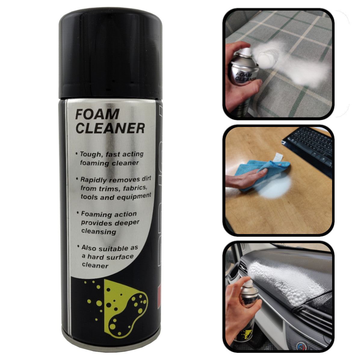 Foam cleaner spray can with usage examples on a white background