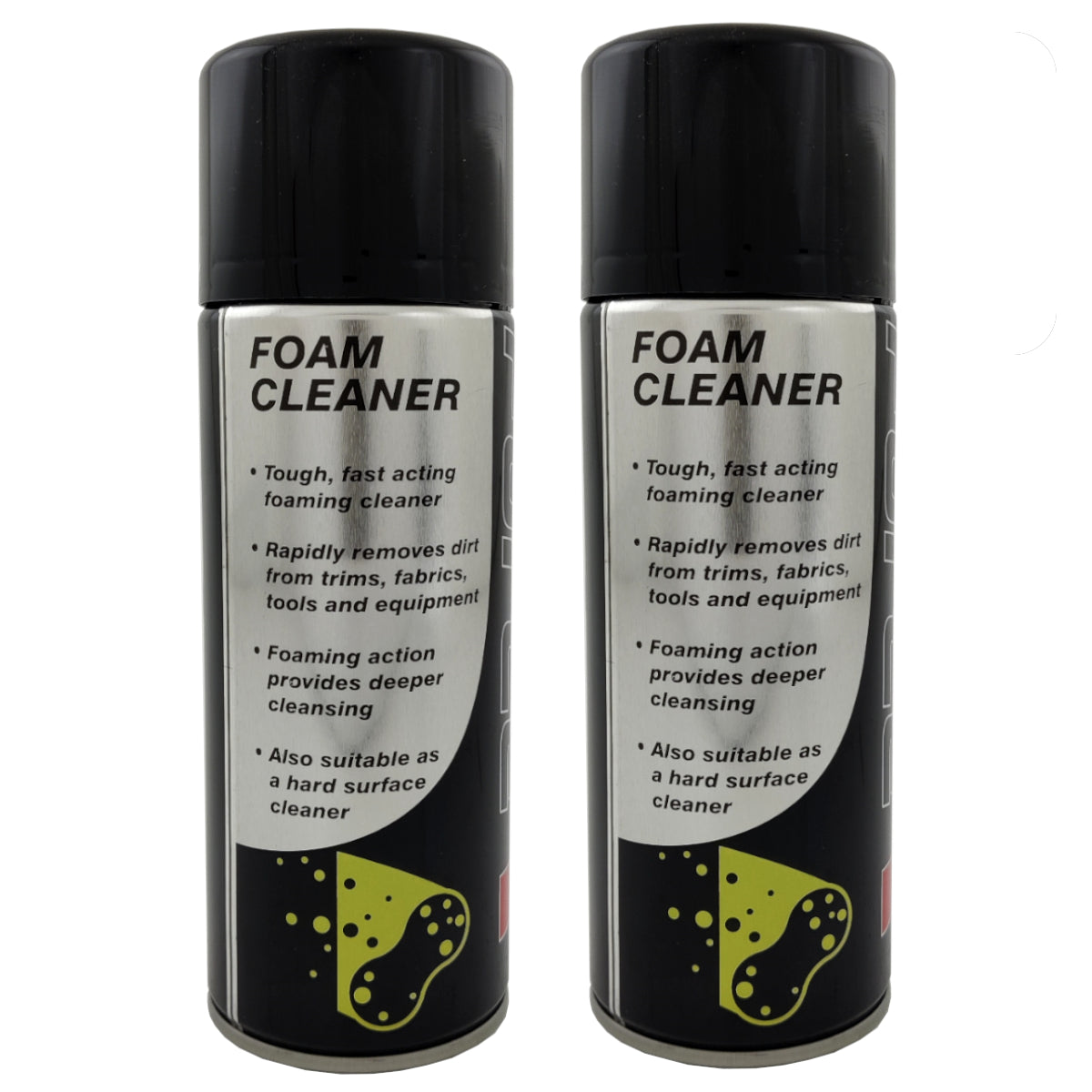 Two cans of foam cleaner with black and gray labels on a white background