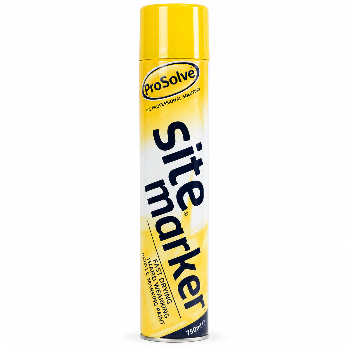 A 750ml can of ProSolve Site Marker fast drying latex priming paint in yellow, featuring a white and yellow label with bold black text, on a solid white background.