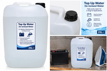 A collage showing a 25L white plastic canister of Top Up Water De-Ionised Water. The left panel shows the front of the container with its blue and white label.