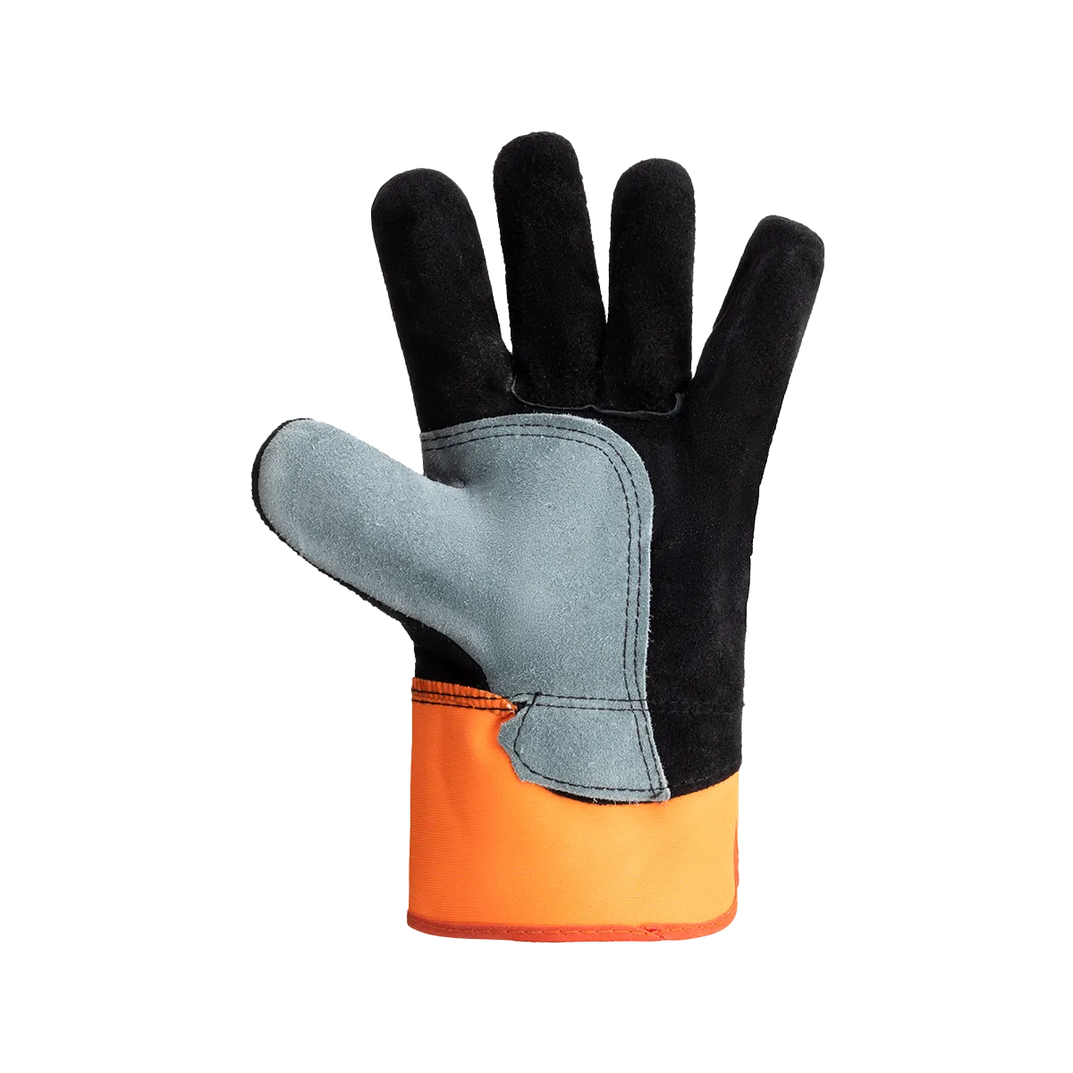 Glove with black, gray, and orange color pattern on a white background