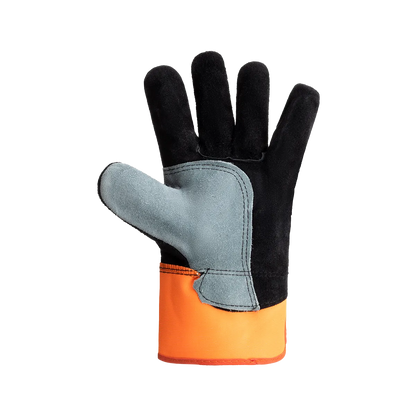 Glove with black, gray, and orange color pattern on a white background