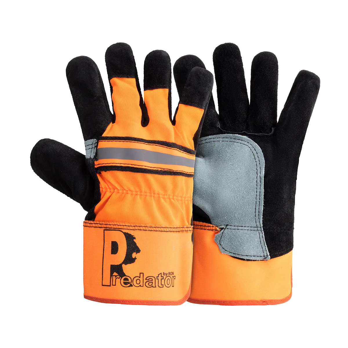 Orange and black gloves with a visible brand logo on a white background