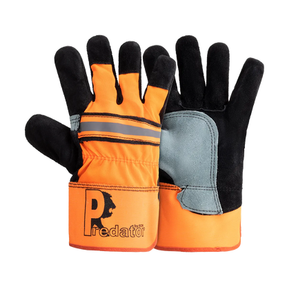 Orange and black gloves with a visible brand logo on a white background