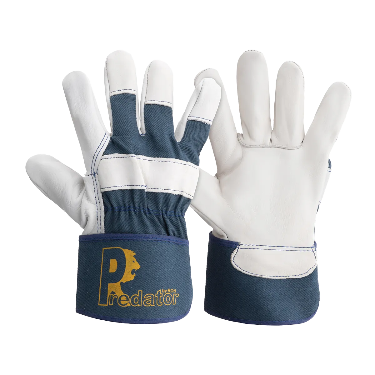 Pair of white and blue gloves with 'Predator' logo on a white background