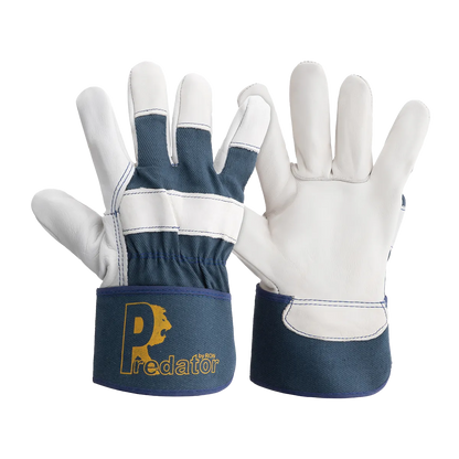 Pair of white and blue gloves with 'Predator' logo on a white background