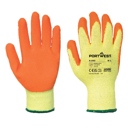 Pair of orange and yellow gloves with Portwest branding on a white background