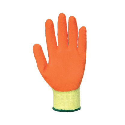 Orange work glove with a green cuff on a white background