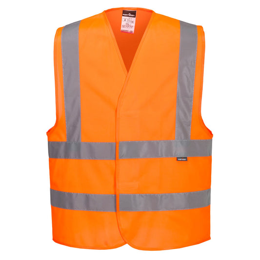 Orange safety vest with reflective stripes on a white background