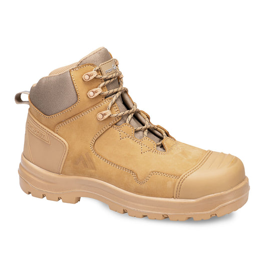 Tan hiking boot with laces on a white background