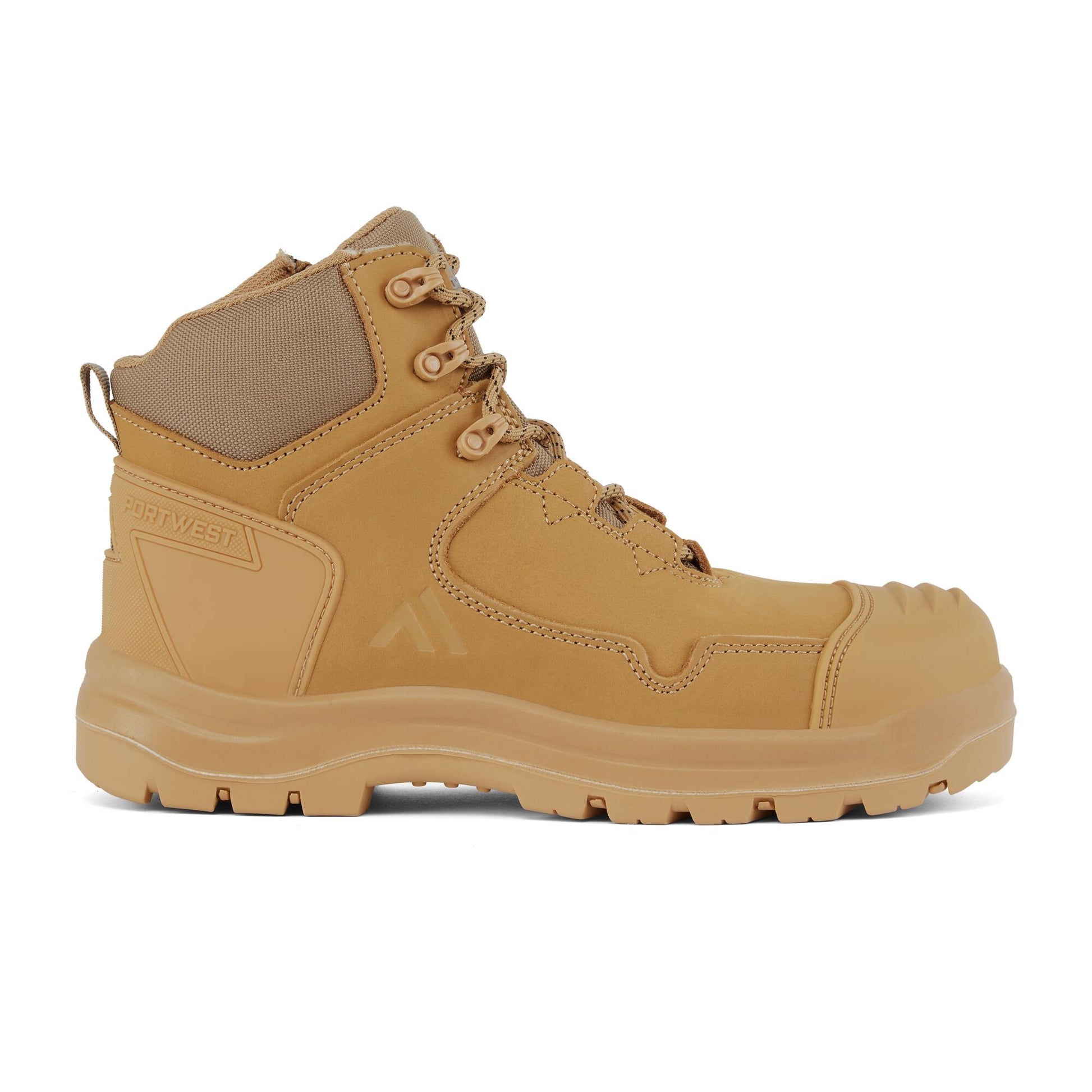 Tan hiking boot on a white background