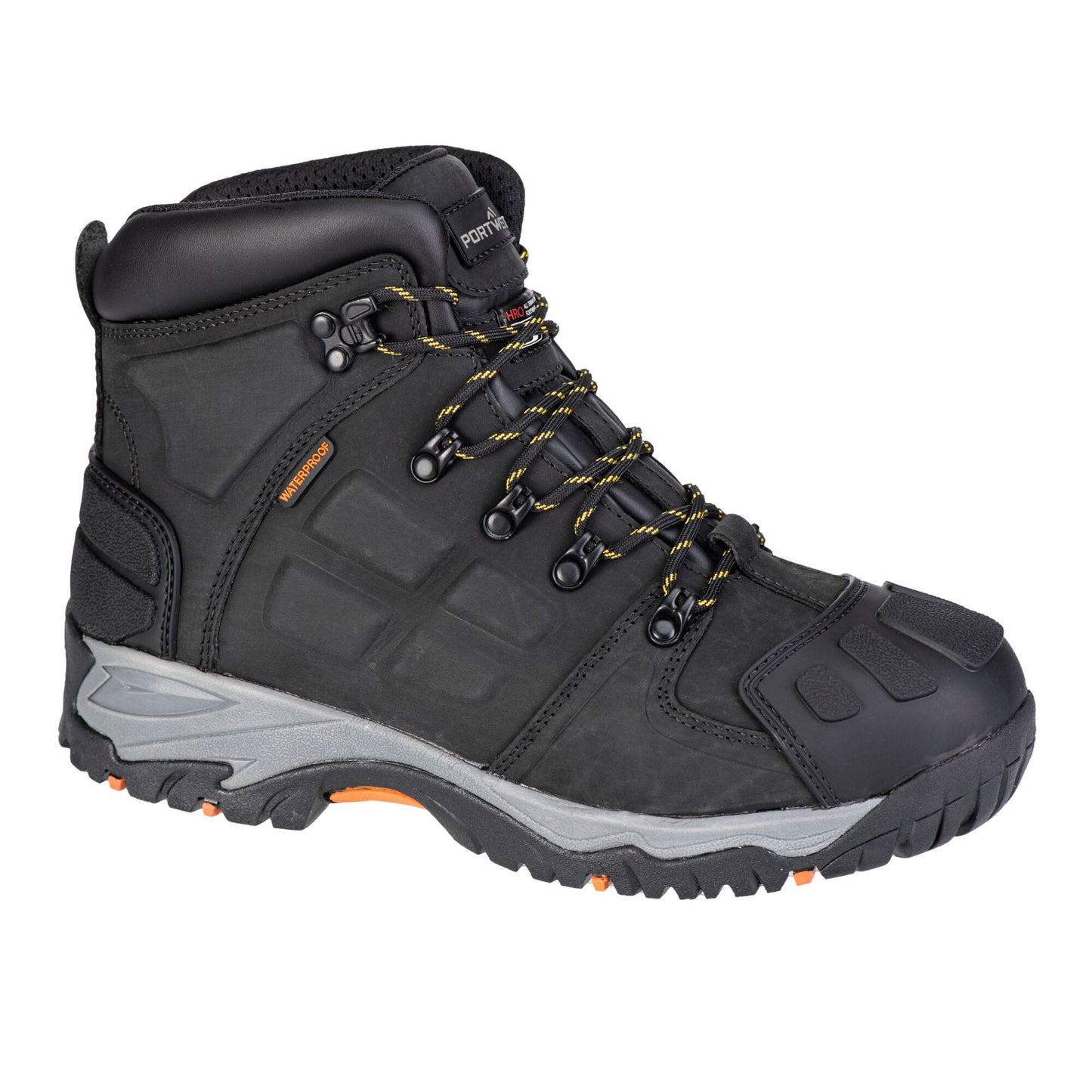 Black hiking boot with orange accents on a white background